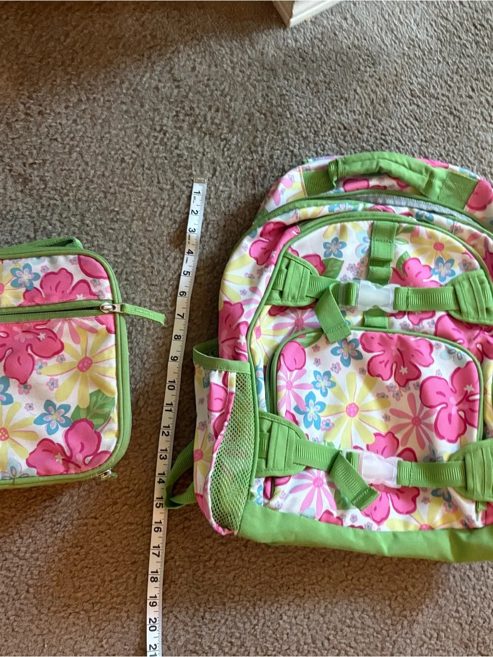 Pottery Barn Kids Pink Floral Backpack with Green Trim and Matching Lunch Bag